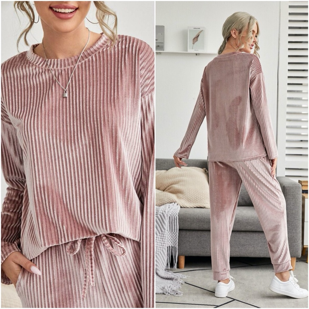 velvet ribbed long sleeve top lounge set BLUE - Picture 4 of 8